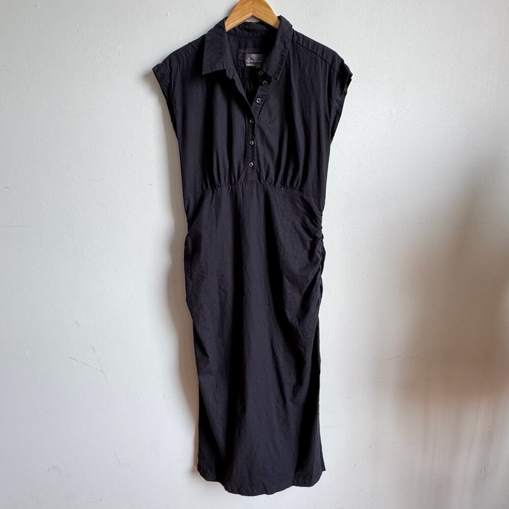 ANTHROPOLOGIE Cap-Sleeve V-neck Ruched Slim Midi Dress in Black - Picture 1 of 8